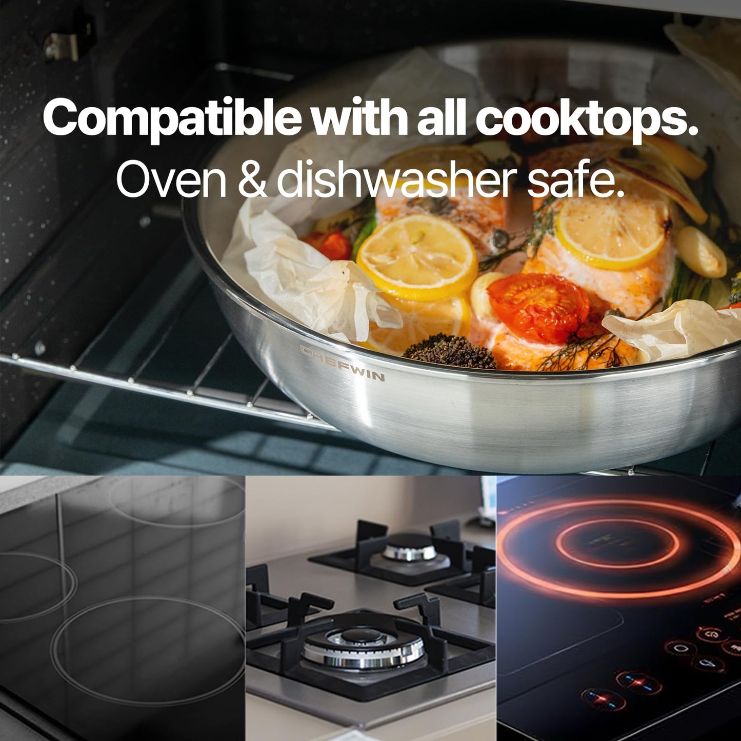 CHEFWIN 10.2-Inch 316 Stainless Steel Frying Pan, 5-Ply Saute pan, Deep Skillet, Induction Cookware, Dishwasher Safe & Oven Safe, Professional Cookware