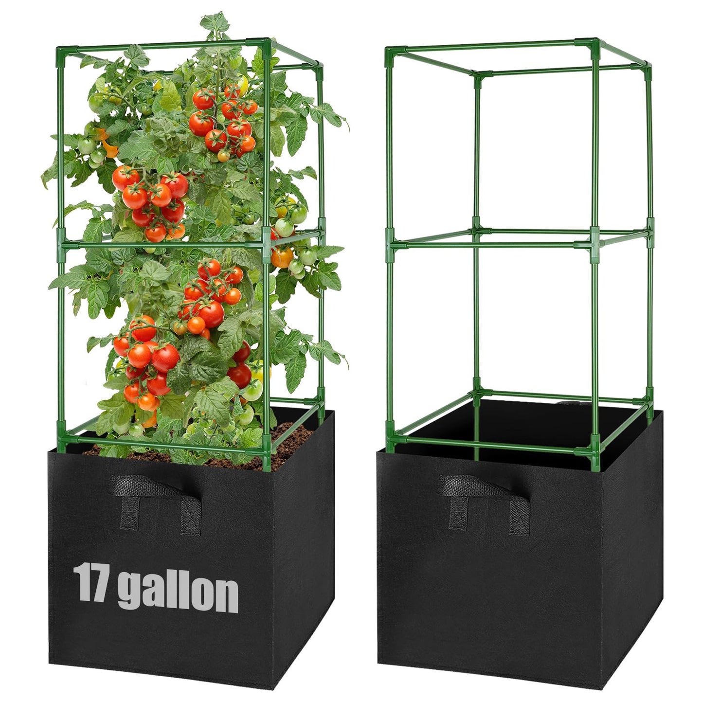 ANPHSIN Sturdy Square Tomato Cage with Movable 17 Gal Grow Bags - 2 Sets 47'' Plants Garden Trellis Planter, Support for Indoor Outdoor, Cucumber, Beans, Peppers, Eggplants, Climbing Vegetables