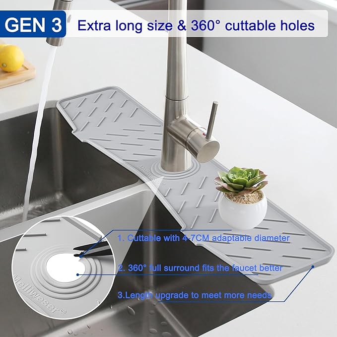 Meiliweser Faucet Mat for Kitchen Sink – 24” x 5.1” Extra-Long Silicone Splash