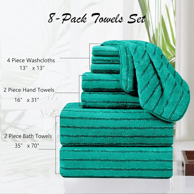 8 Pcs Blue Green Cabana Stripe Large Bath Towel Set