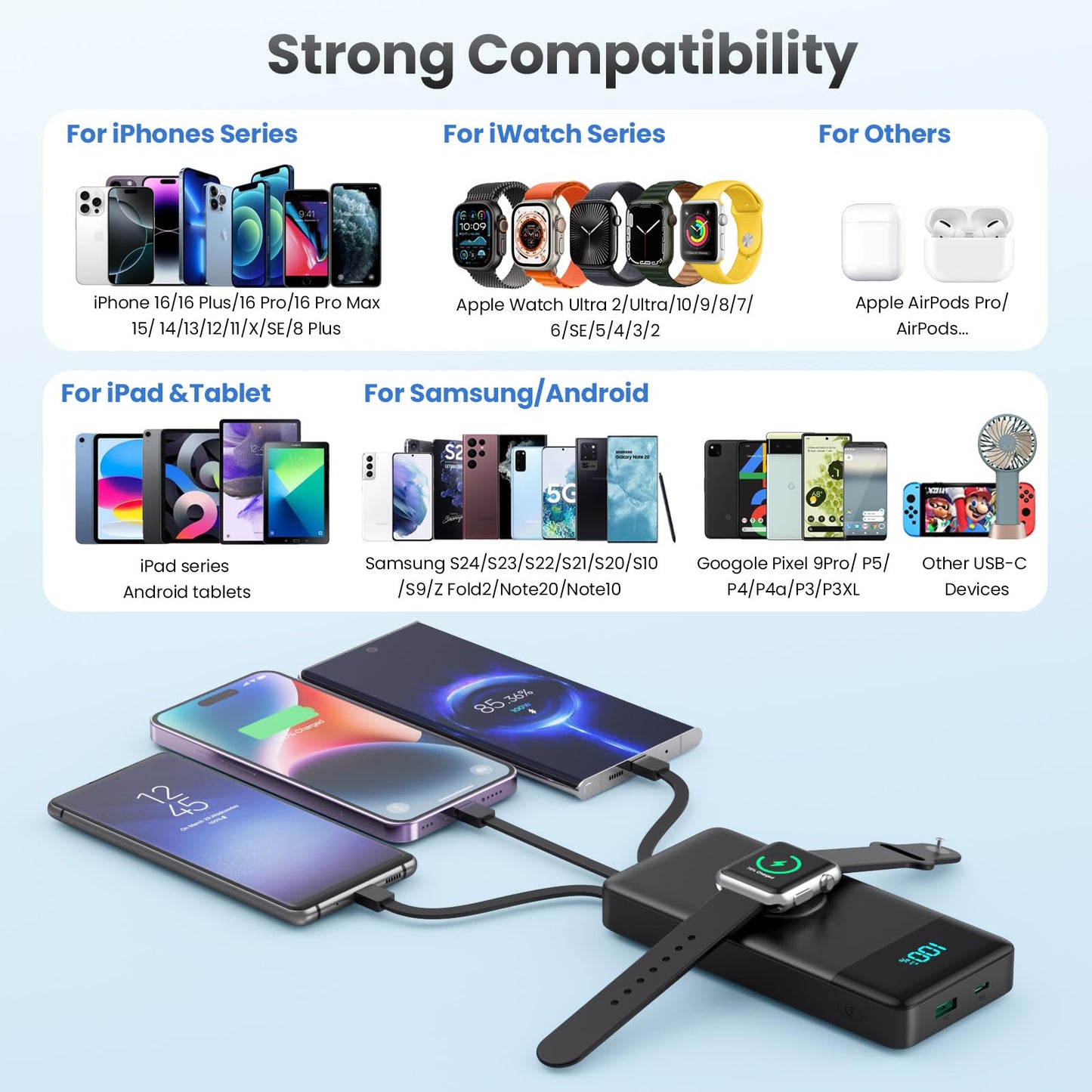 Wireless Portable Charger 40800mAh with 3 Built-in Cables,7-in-1 15W Wireless Charging Power Bank,25W PD QC 4.0 Fast Charging USB C LCD Display Battery Pack for iPhone 17/16/15/13,Samsung,Android etc