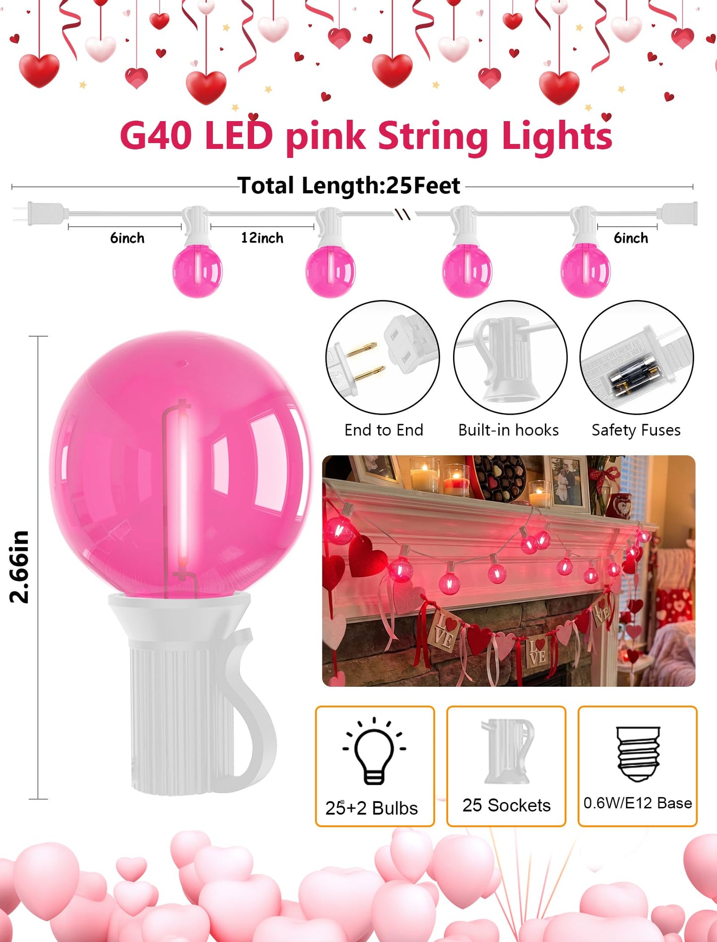 50Ft Valentine's Day Outdoor String Lights, G40 Valentines Day Decorations Lights with 27 LED Pink Shatterproof Bulbs(2 Spare), Hanging Globe Patio Lights for Outside Party Wedding Porch Backyard