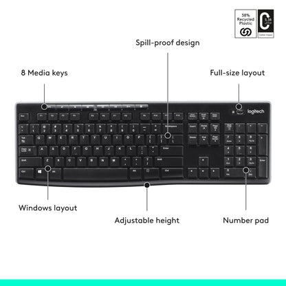 Logitech K270 Wireless Keyboard for Windows, 2.4 GHz Wireless, Full-Size, Number Pad, 8 Multimedia Keys, 2-Year Battery Life, Compatible with PC, Laptop, QWERTY UK English Layout - Black