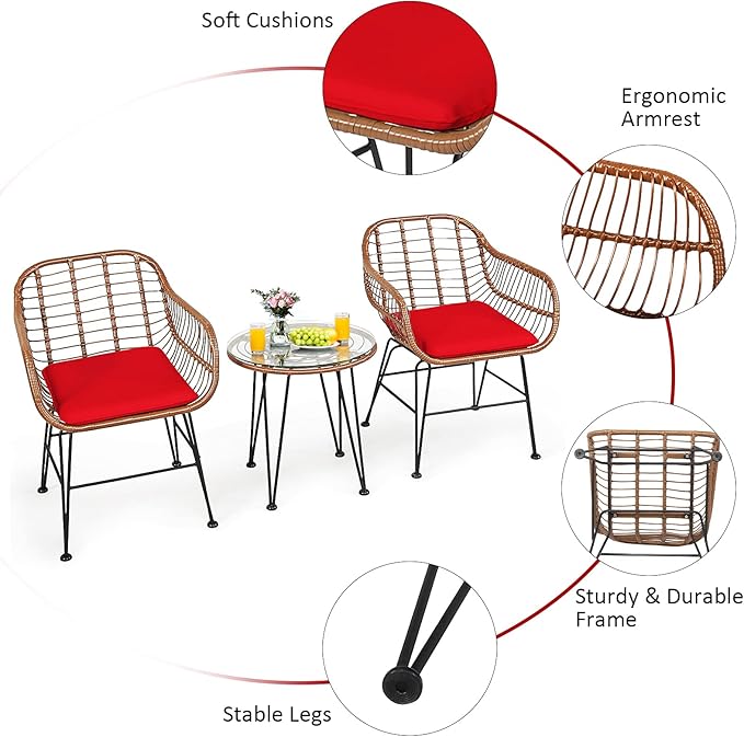 Tangkula 3 Pieces Patio Conversation Bistro Set, Outdoor Wicker Furniture