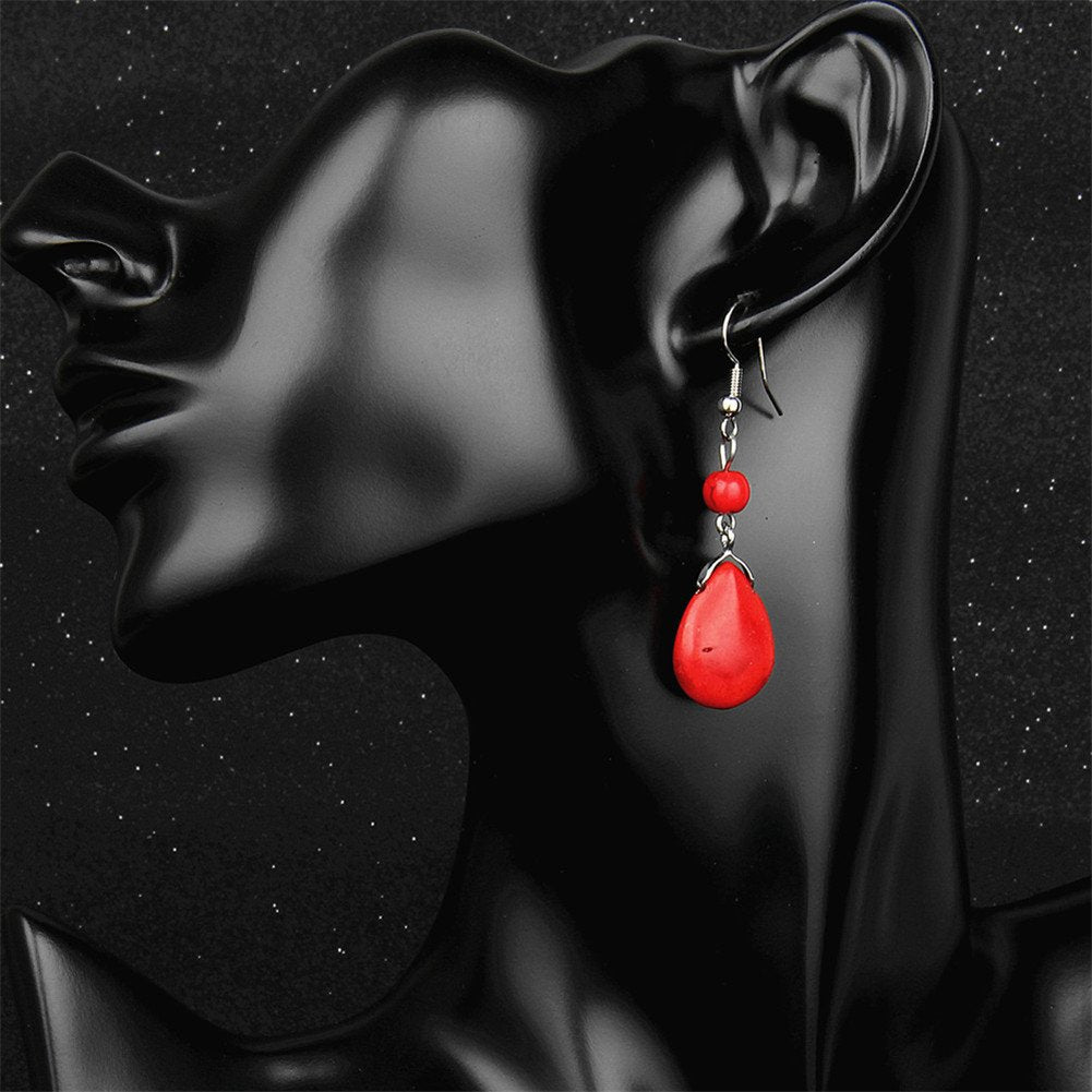 Double Turquoise Drop Earrings Natural Stone Round Bead Ball Dangle Earrings for Women Fashion Jewelry Gift (K:red)