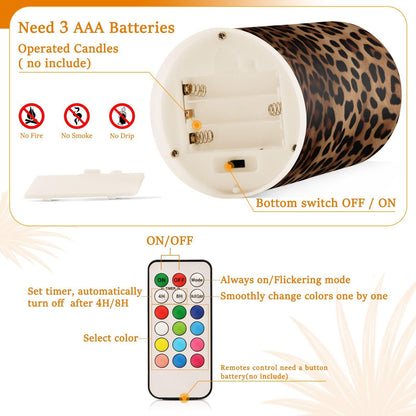 GOODOLD Flameless Candles with Remote Control and Timer, Leopard Print Flickering Candles Battery Operated LED Pillar Candles, Warm Light for Home Decor, Set of 2 (D 3" x H 4" 5")