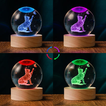 QIANRUNA 60mm 3D Crystal Ball Cat Lover Gifts for Women Cat Themed Sympathy Figurines Decor Gifts with Wooden Light Base