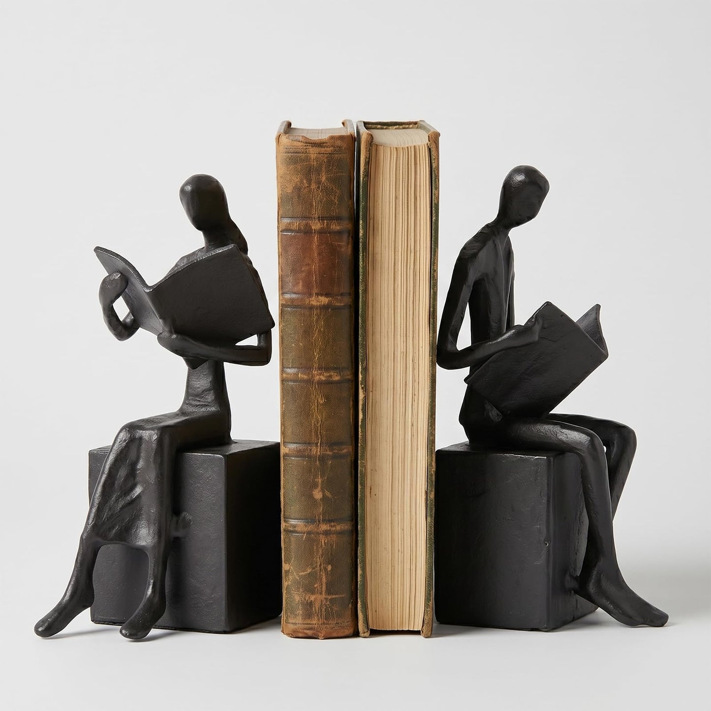 Iron Decorative Bookends for Heavy Books, Black Reading Couple Book Ends Decorative, Metal Thinker Bookends for Shelves Shelf Bookshelf Books Home Office Aesthetic or Book Lovers Gifts