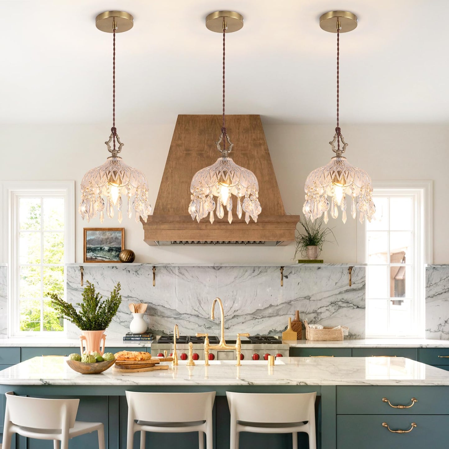 Bgfeoa Pendant Light with Glass Shade, Vintage Chandeliers 7.87 Inch E26 Base, Crystal Hanging Light Fixtures for Kitchen Island, Living Room, Dining Room 1 Light(Bulb Not Included)