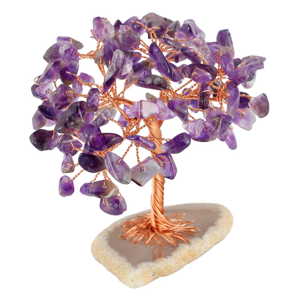 SUNYIK Amethyst Mini Crystal Money Tree on Natural Agate Slab, Handmade Tumble Chip Stone Bonsai Sculpture Figurine Decoration for Wealth and Luck Size 2.5-2.3 Inches