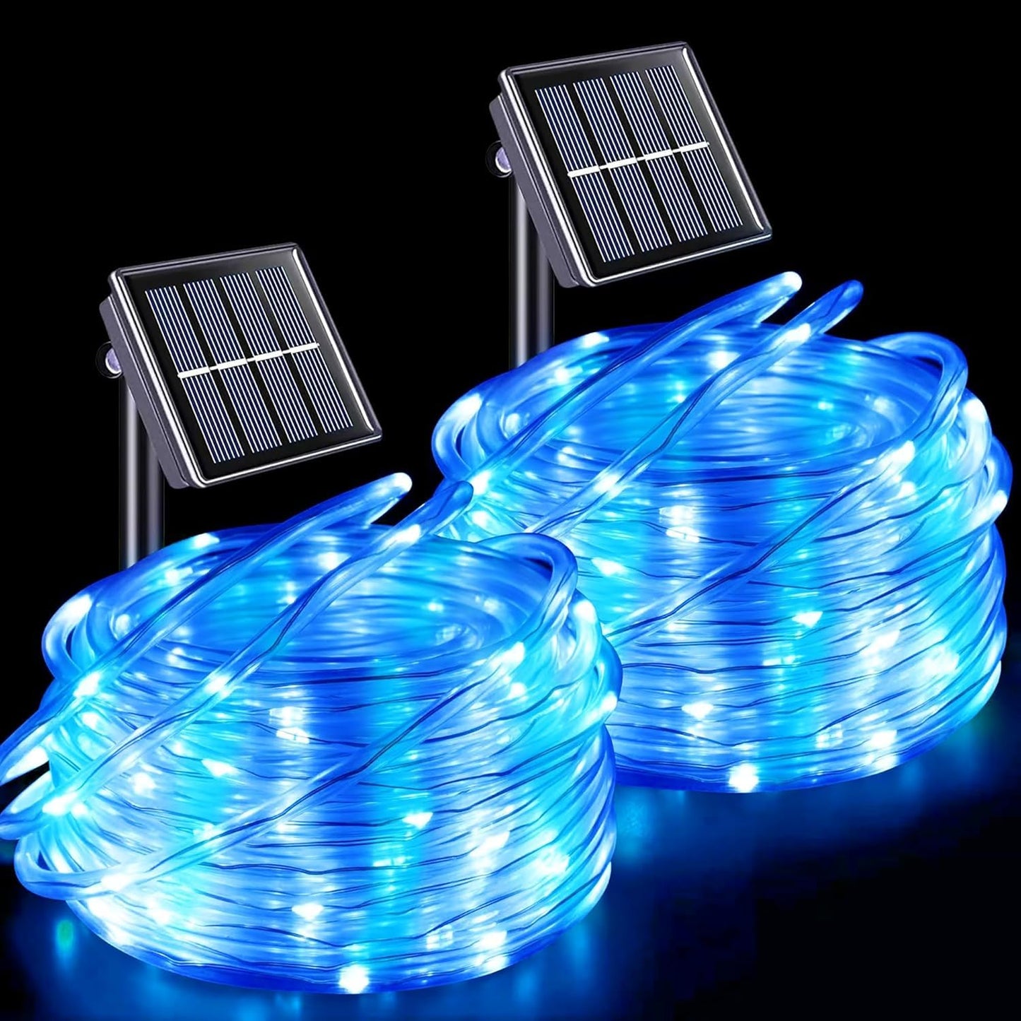 QITONG Blue and White Solar Rope Lights Outdoor, 2 Pack Each 33ft 100 LED String Light, Fairy Lights in Clear Thin Tube with 8 Modes