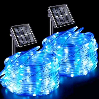 QITONG Blue and White Solar Rope Lights Outdoor, 2 Pack Each 33ft 100 LED String Light, Fairy Lights in Clear Thin Tube with 8 Modes