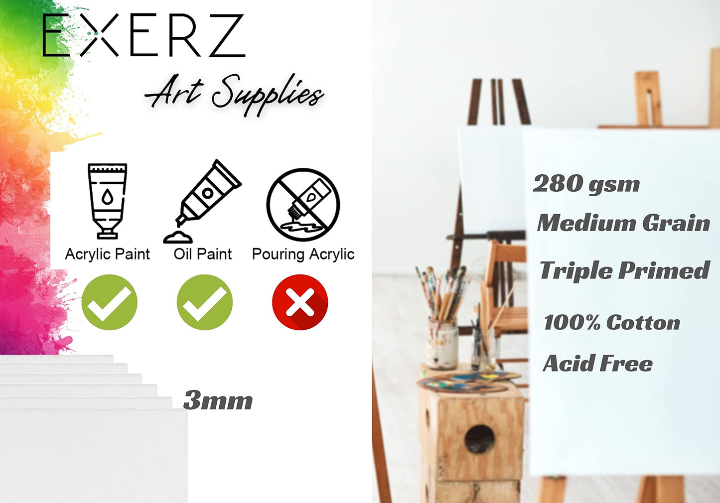 Exerz 30x40cm Canvas Panels 3mm 6pcs 280gsm 100% Cotton/Blank Artist Canvas Board/Triple Primed/Acid Free/Medium Grain - Oil & Acrylic Painting for Artists (30x40 cm - 6pcs), E5310-3040-6PK