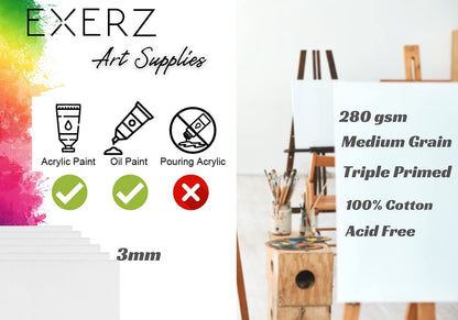 Exerz 30x40cm Canvas Panels 3mm 6pcs 280gsm 100% Cotton/Blank Artist Canvas Board/Triple Primed/Acid Free/Medium Grain - Oil & Acrylic Painting for Artists (30x40 cm - 6pcs), E5310-3040-6PK