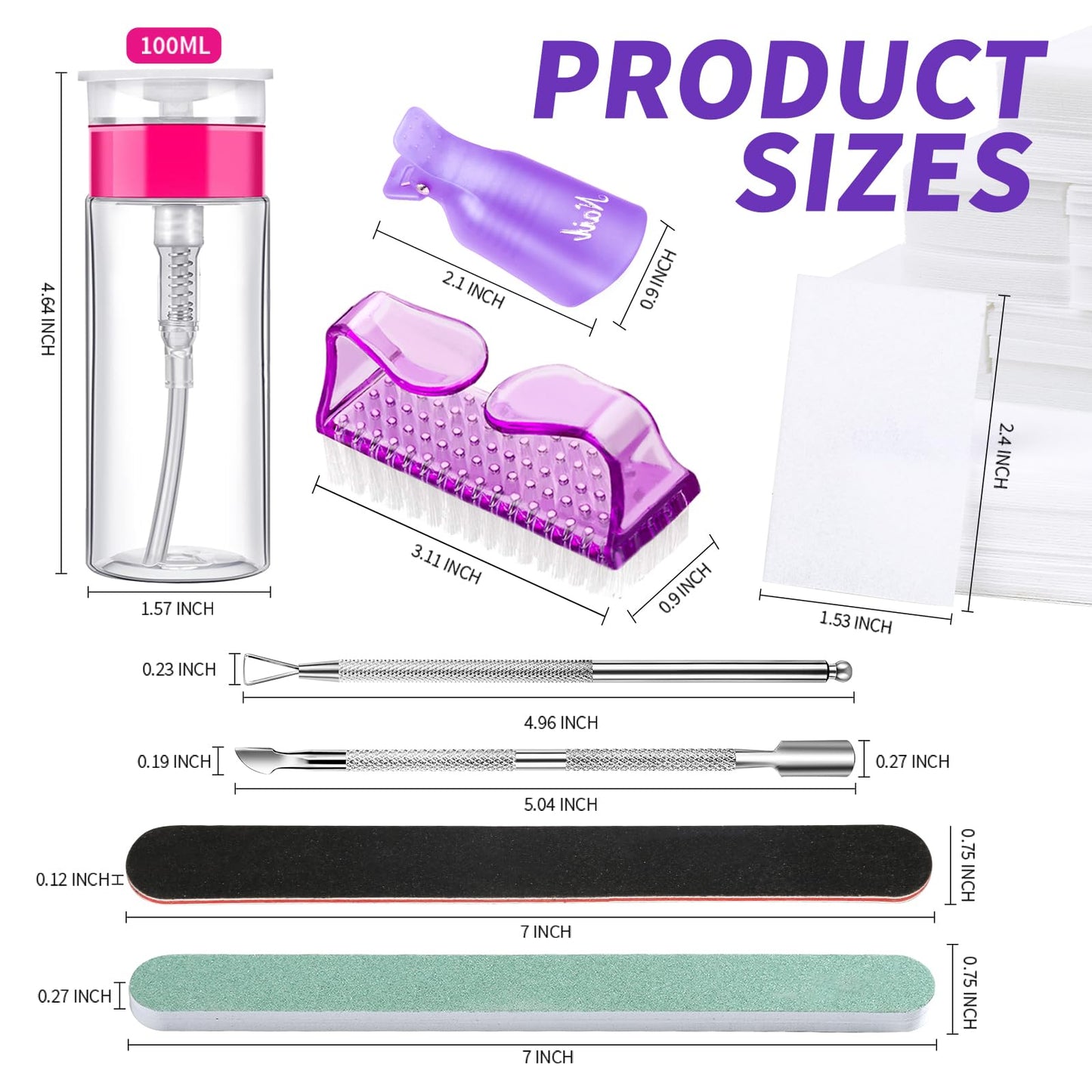 FANDAMEI Nail Polish Gel Remover Tools Kit with Nail Clips, 100ml Nail Polish Remover Bottle, 500 Nail Remover Cotton Pad, Nail Brush, Cuticle Pusher/Peeler, 100/180 Nail File,Buffer Block