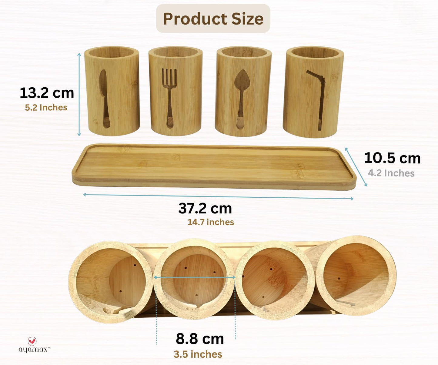 AYAMAX Bamboo Cutlery Holder Set - 4 kitchen Utensils Holder with Bamboo Tray | Decorative kitchen countertop Cutlery Stand | Utensil holder - knife, fork Spoon and Straw holders