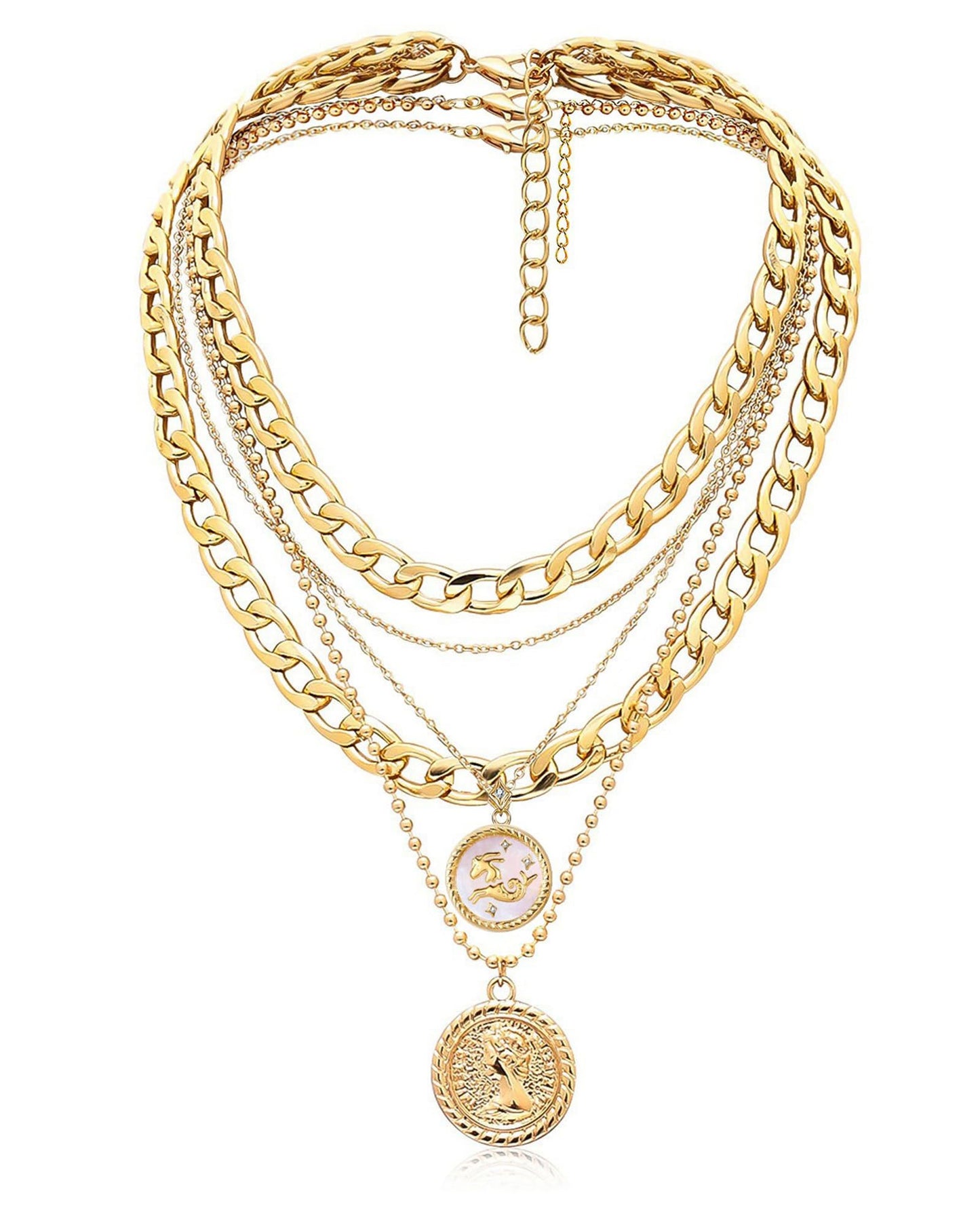 MJartoria Gold Layered Necklaces for Women Trendy Retro Coin Pendant Necklace Dainty Chunky Chain Choker Necklaces for Jewelry Birthday Gifts (Gold, Zodiac-Capricornus-3PCS Layered)