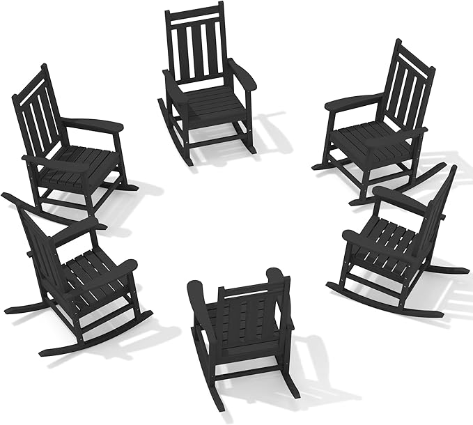 KINGYES Oversized Outdoor Rocking Chair Set of 6, All-Weather Patio Rocking Chairs for Porch, HDPE Outdoor Patio Rockers with High Back & Wide Seat for Garden, Lawn, Black