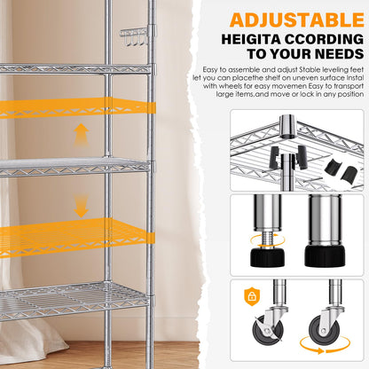YNN Storage Shelves,1750Lbs 5 Tier Heavy Duty Metal Rolling Shelving Unit with Wheels & 8 Hooks, Adjustable Garage Wire Rack for Kitchen, Bathroom,Industrial,Pantry(36" W x 14" D x 72" H, Chrome)