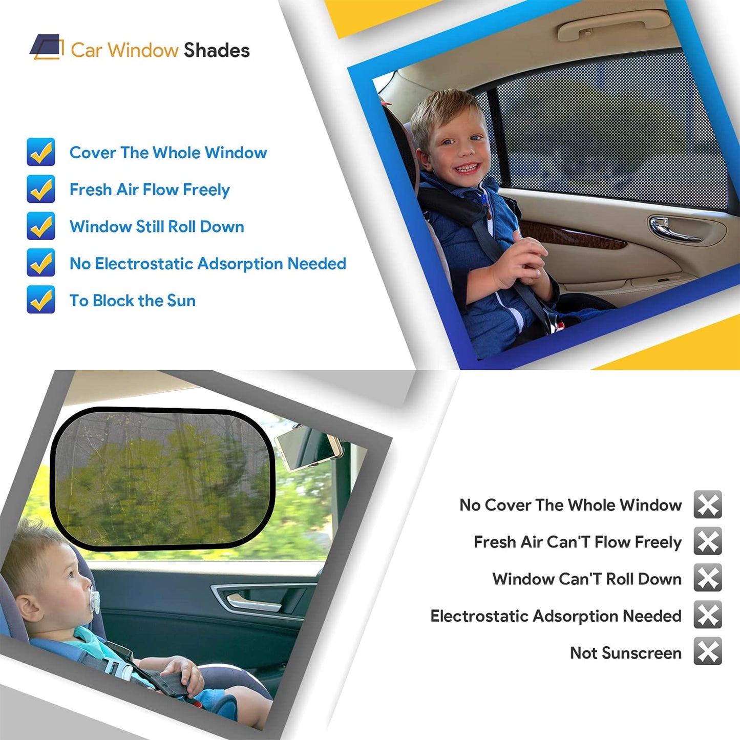 Car Rear Children's Window Shades for Baby (Pack of Two) - Stretchable & Breathable Window Screens for Sun Protection Sunshade, Car Window Shade All-round Protection for Kids - Fits Most Vehicles