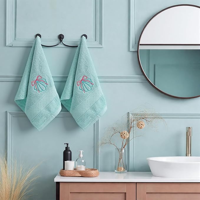 2 Pcs Shell Hand Towels Mint Blue Bathroom Decor 14x29 Inch Embroidered 100%