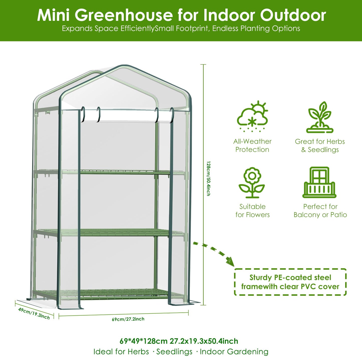 Carotex 3 Tier Mini Greenhouse, 27 x 19 x 50 Inch Portable Green House with PVC Cover and Steel Frame for Indoor Outdoor Plants, Seedlings, Herbs, Vegetables
