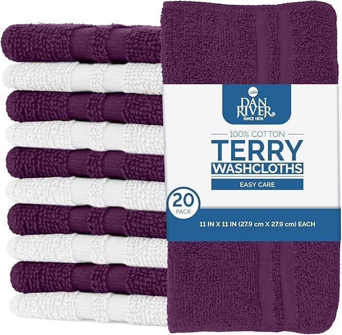 DAN RIVER 100% Cotton Washcloths 20 Pack Premium Quality Face and Body Cloth