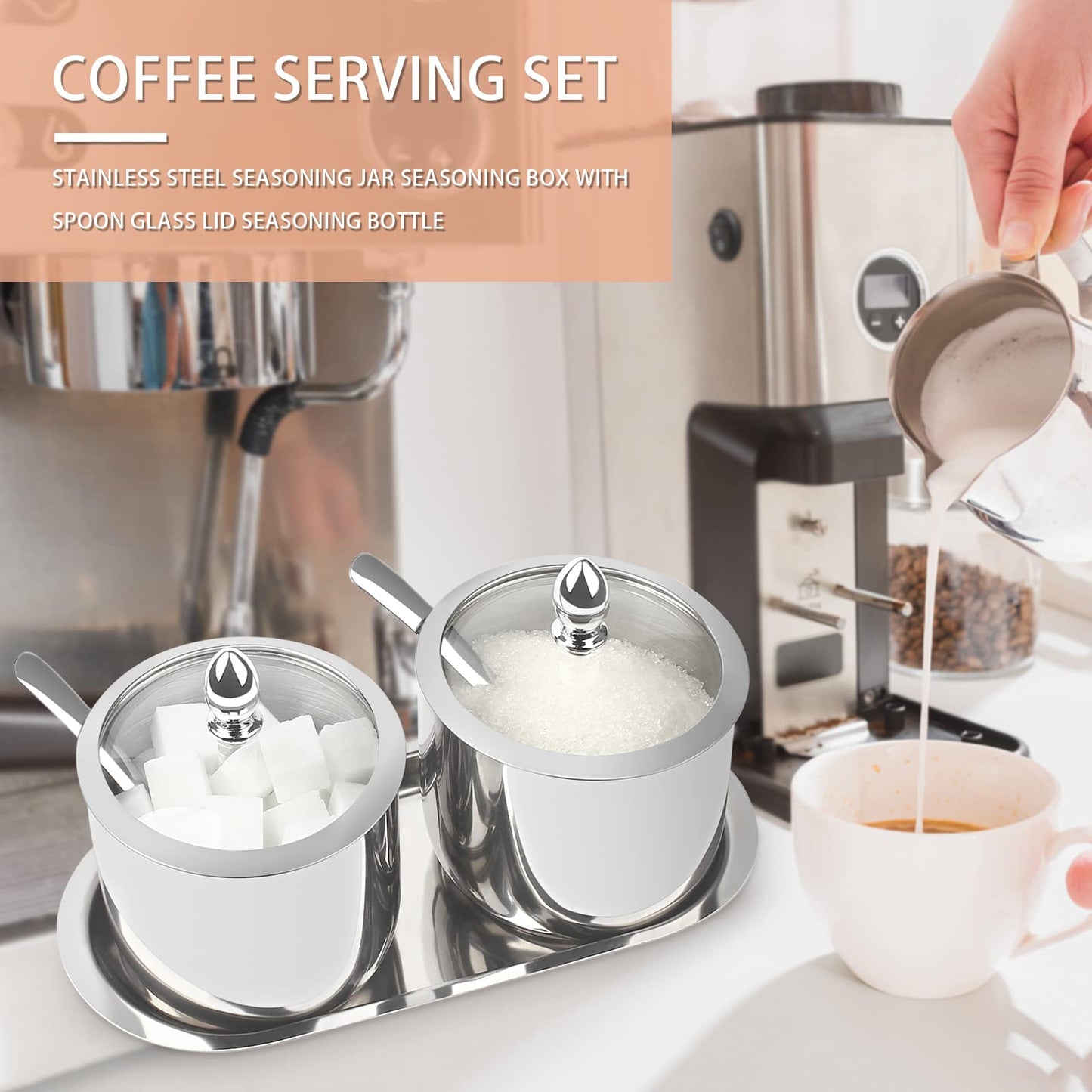 KEMIYIXIAN 2 Stainless Steel Sugar Bowl with Lid Spoon and Tray, Polished Shiny Sugar Bowl，for serving sugar Suitable for home and kitchen- 12 Oz/ 360m