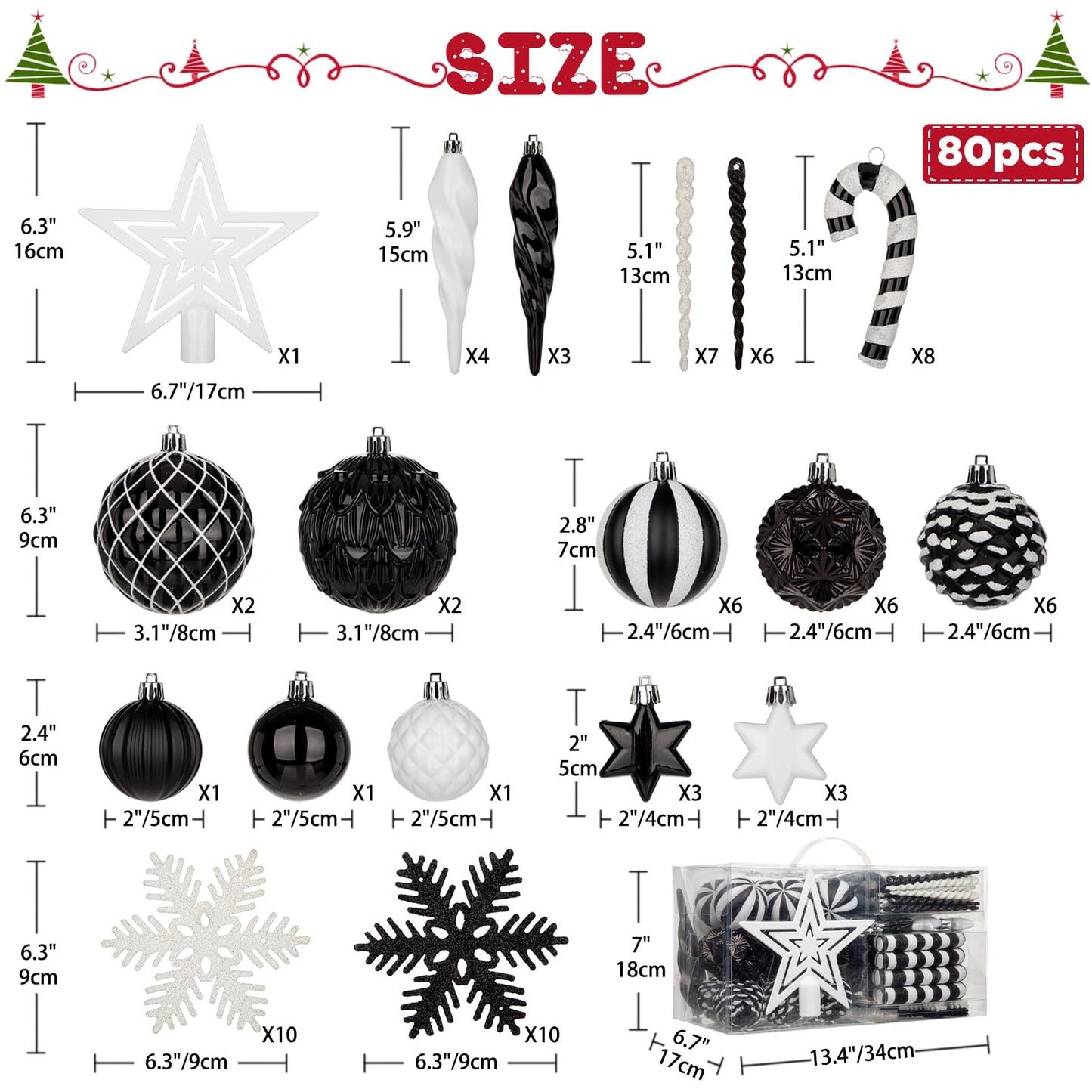 Briful 80ct Black & White Christmas Balls Ornament Set, Plastic Shatterproof Christmas Ornament Balls with Tree Topper Candy Canes Snowflakes for Xmas Tree Wreath Garland Decor