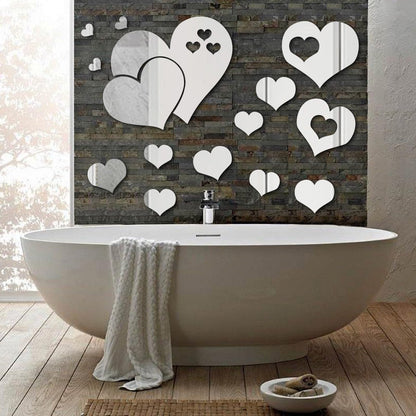 STNRST-IN 25 PCS Mirror Wall Decor, Acrylic Removable Heart Shape Mirror Stickers, DIY Self-Adhesive Wall Decor for Home Living Room Bedroom Bathroom Kitchen Sofa TV Background Decoration(Silver)