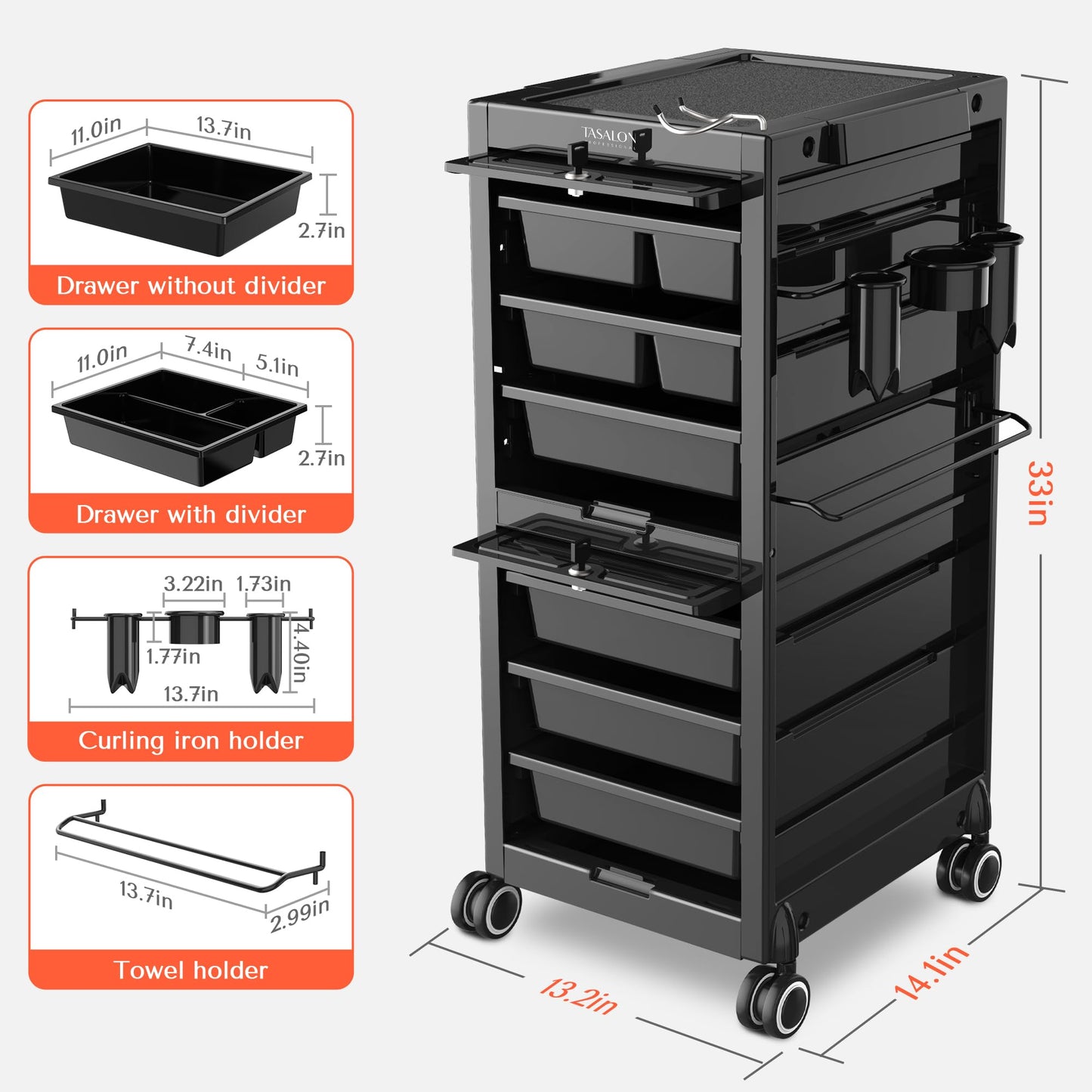 TASALON Lockable Salon Trolley, 6-Drawer Rolling Beauty Cart with Tool Holders, Mobile Hair Stylist Station with Locking Doors & Wheels, Black