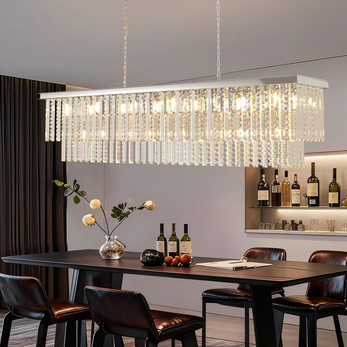Arotikee Luxury Rectangular Crystal Chandelier for Dining Room, 55" Modern Chrome Linear Chandelier Over Table, Statement Lighting for Kitchen Island & Living Room
