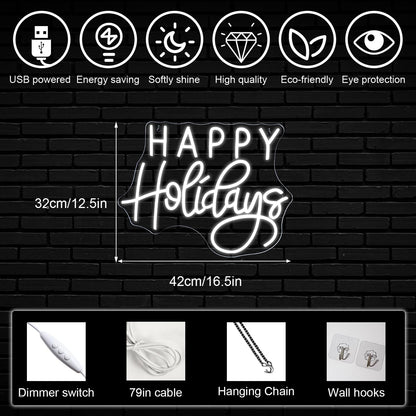 Horseneon Happy Holidays Neon Sign, Merry Christmas Neon Sign for Wall Decor, LED Sign with USB Powered for Party, Home, Bedroom, Living Room, Bar