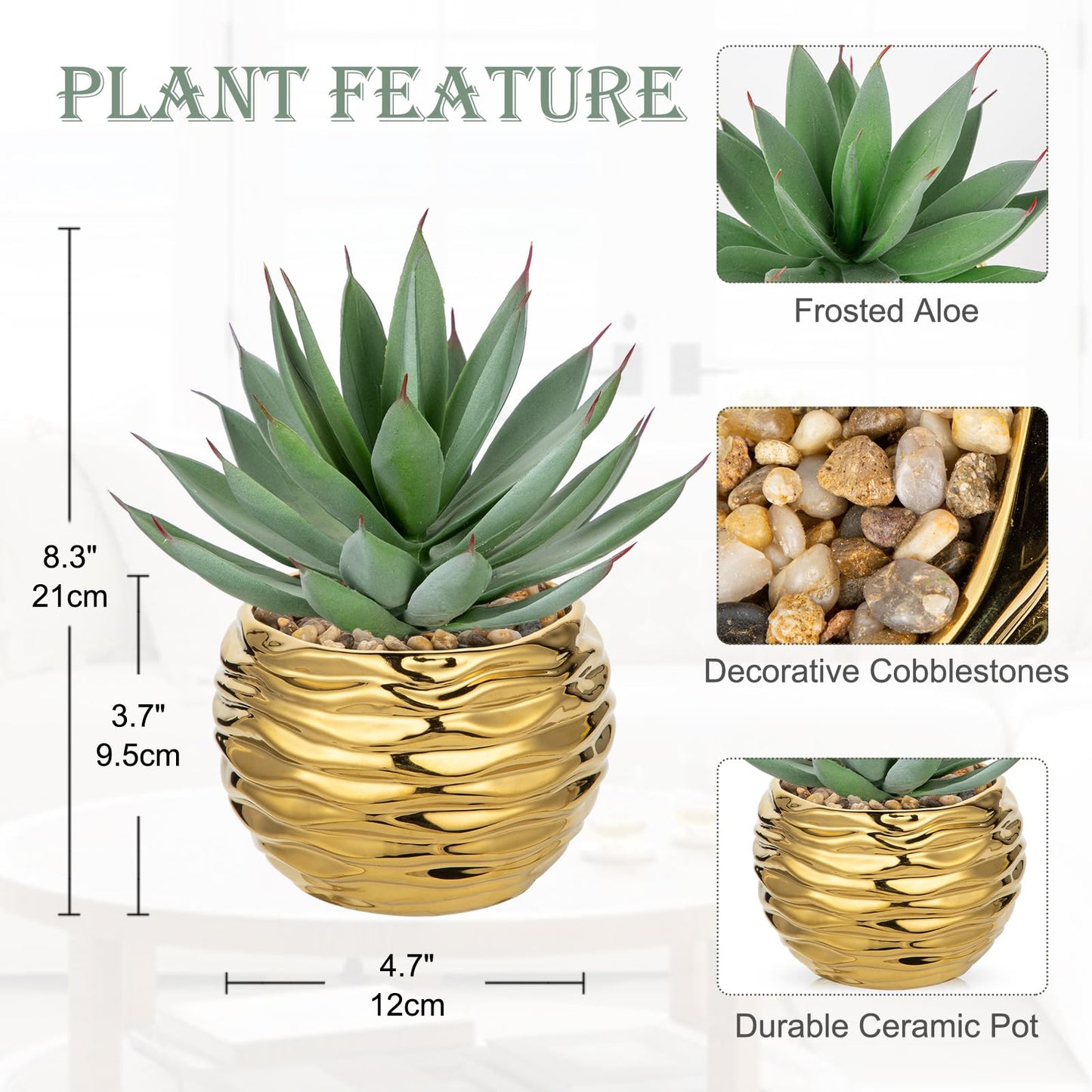 Briful Artificial Succulent Plant in Gold Pot, 8.3” Tall Faux Agave Plants, Realistic Aloe Fake Plant Indoor for Home Office, Farmhouse Shelf, Desk, Living Room, Bathroom