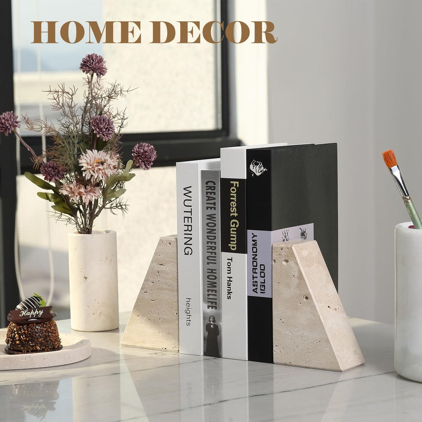 Karibiber Travertine Bookends for Heavy Books, Marble Decorative Bookends for Shelves, Heavy-Duty Stone Book Ends for Hardback Book & Cookbooks, Unique Book Stopper & Holder, Travertino Italy