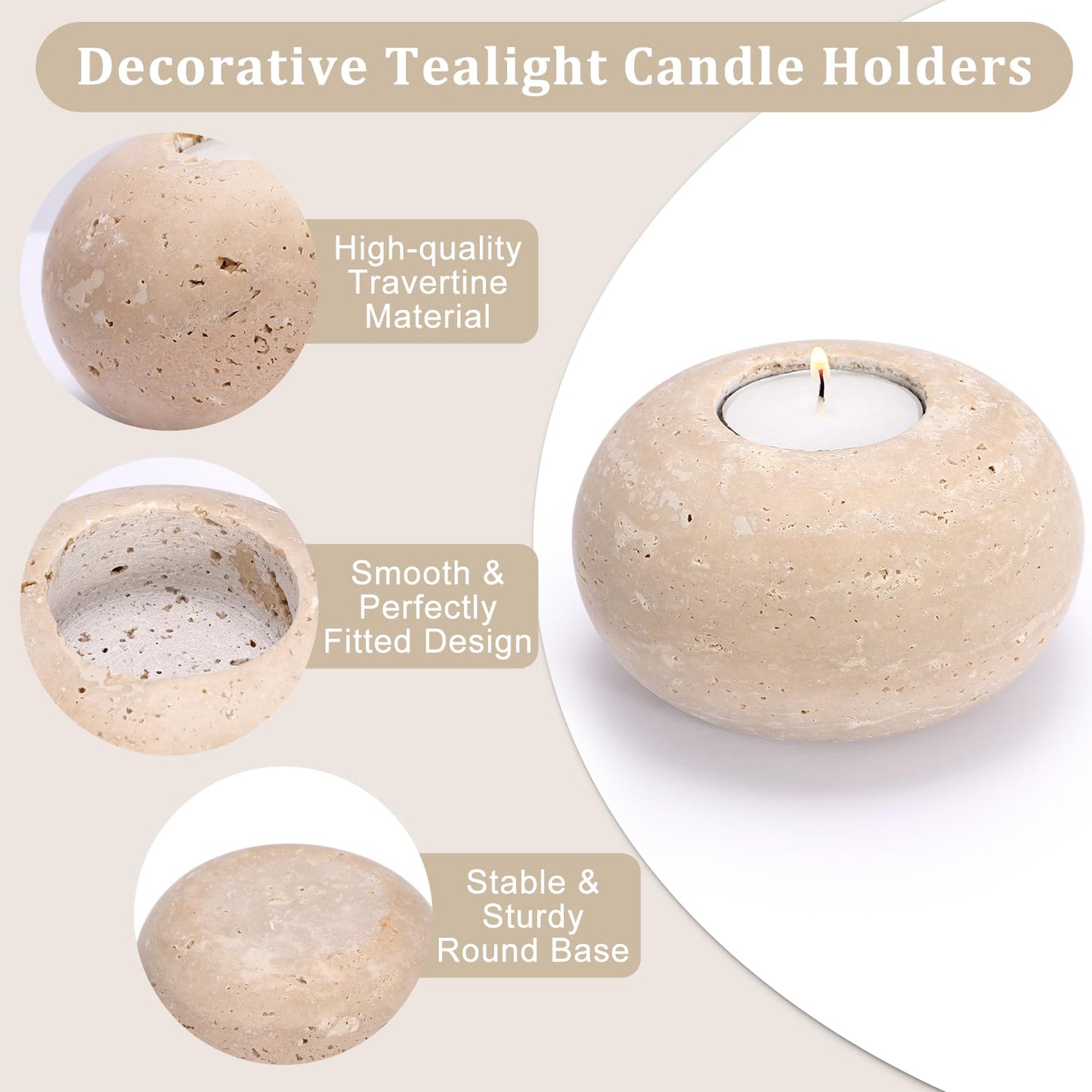 OwnMy 2PCS Travertine Candle Holders Decorative Stone Tealight Candle Holders Set, Elegant Travertine Votive Candle Stands for Dining Table Centerpieces Wedding Home Decors, 4" Dia x 2.2" H
