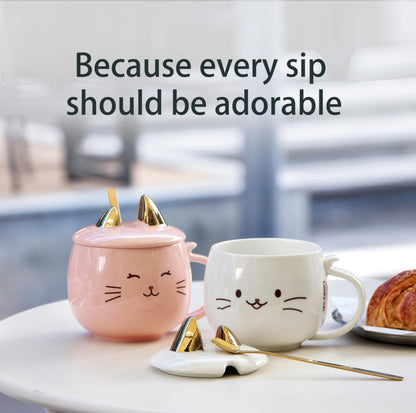 Yuwu Cat Ceramic Coffee Mug with Spoon & Lid, 13.5 oz Novelty Mug with Phone Stand Lid, Kawaii Tea Cup for Women & Cat Enthusiasts