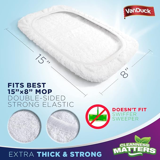 VanDuck 100% Cotton Terry Mop Pads 15x8 Inches 3-Pack, Terry Cloth Mop Covers
