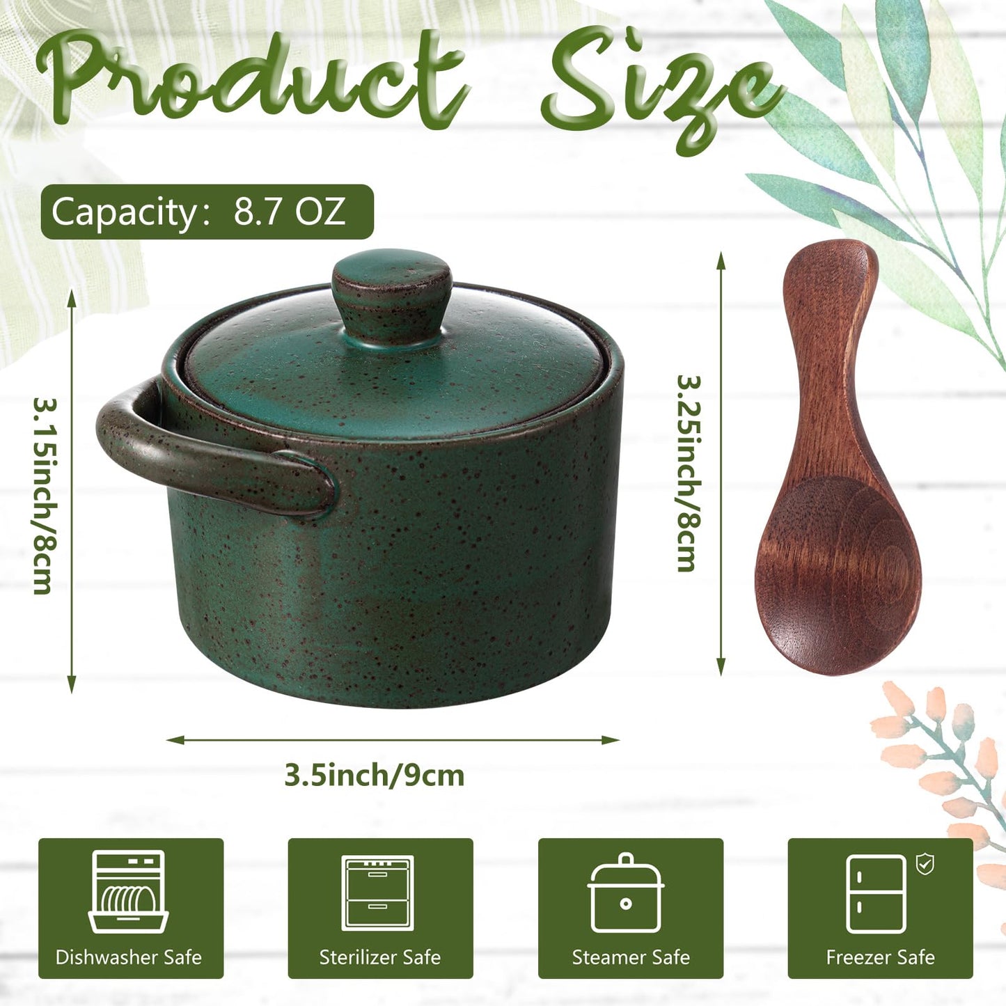 Honeydak 1 Set Speckled Ceramic Salt Cellar with Lid and Wooden Spoon, Rustic Farmhouse Salt Pepper Cellar Holder for Mothers Day, Housewarming Gift, Heavyweight Spices Jar (Green)