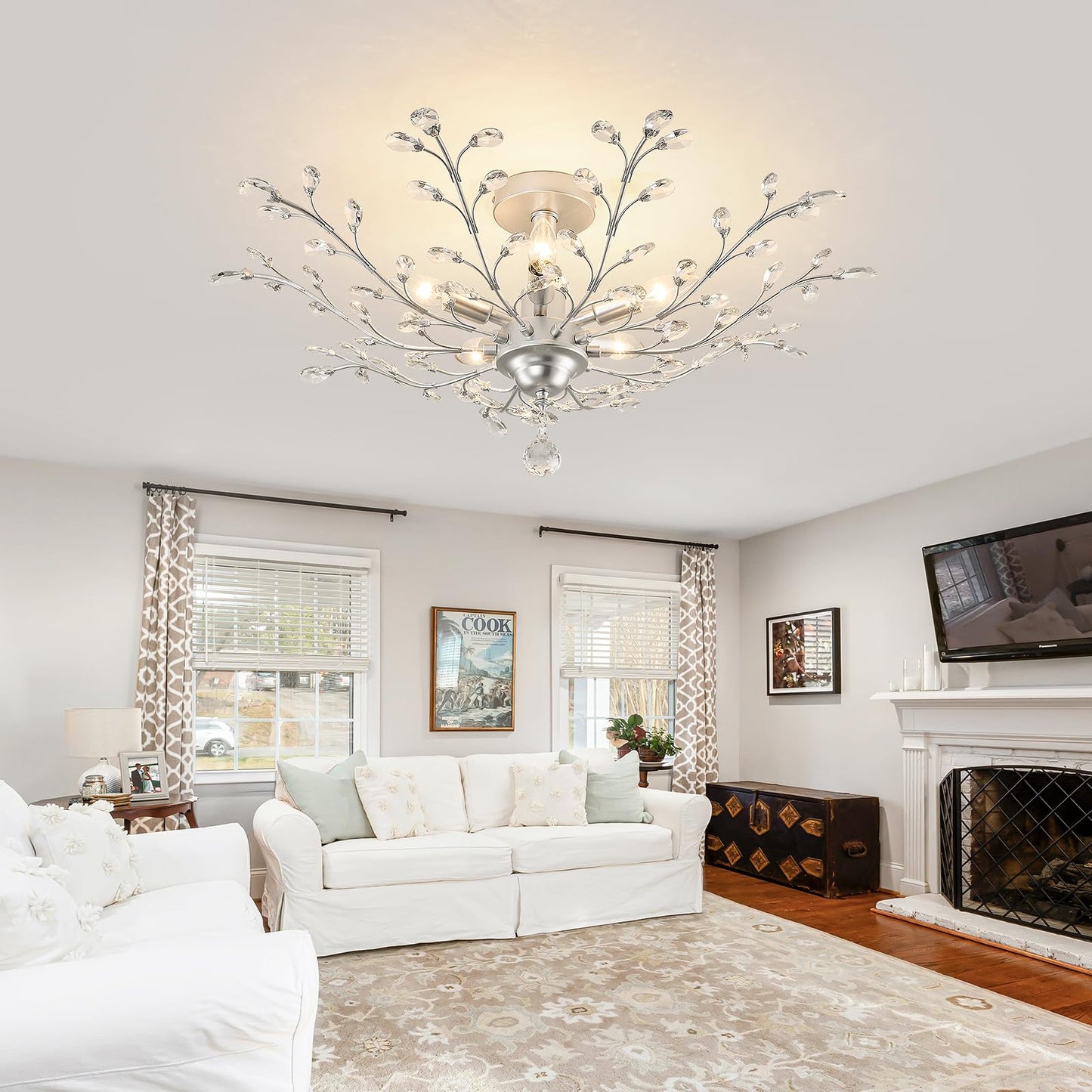 CVKASH 5-Light Vintage Small Crystal Chandelier Modern Silver Branche Ceiling Light Fixture Farmhouse for Kitchen Dining Room Living Room Bedroom Hallway Foyer