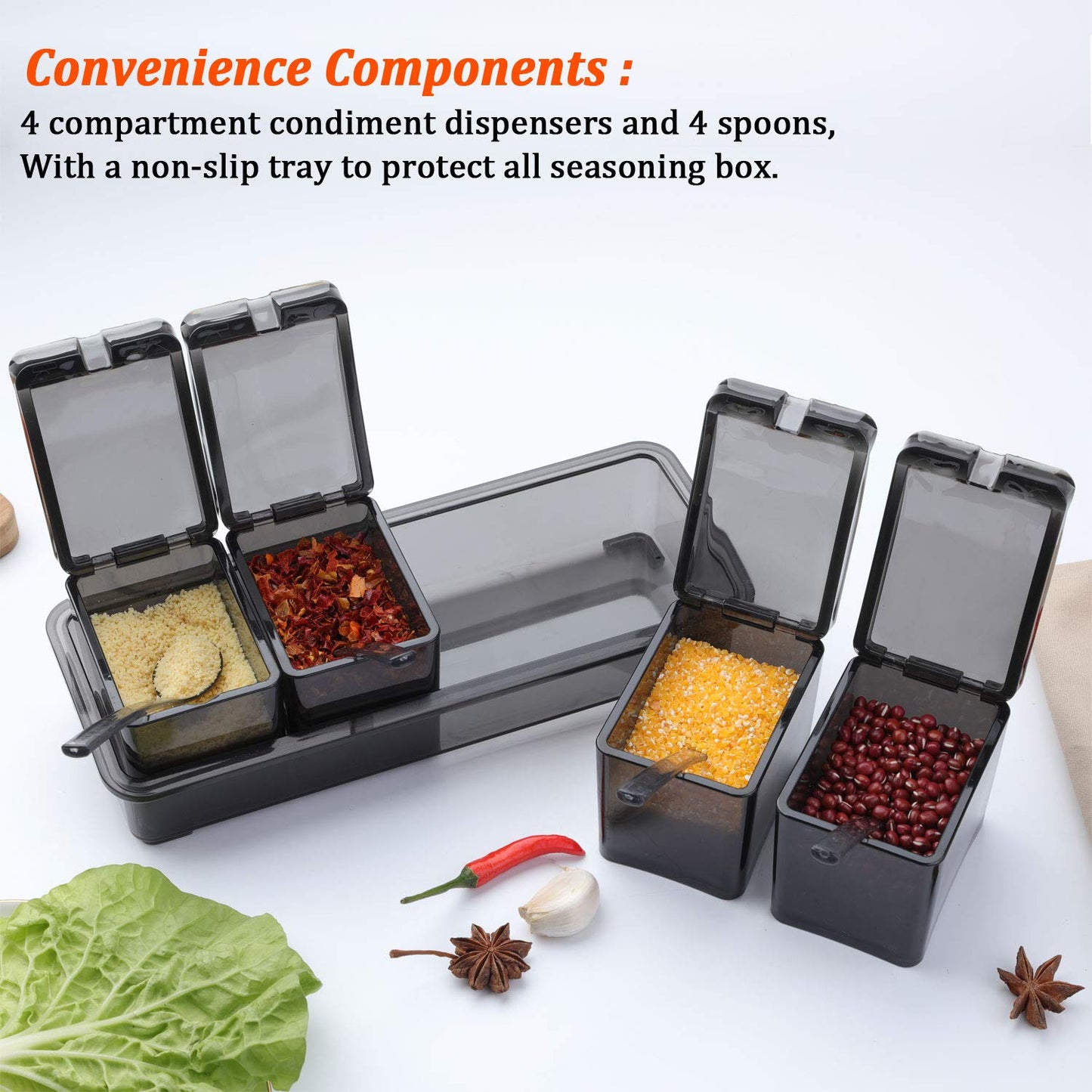 V·RESOURCING [ New Version Elegant Black Seasoning Box, 4 Pieces Seasoning Storage Container Cruet for Home Kitchen,Condiment Jars with Cover and Spoon for Pepper Spice Salt Sugar Storage