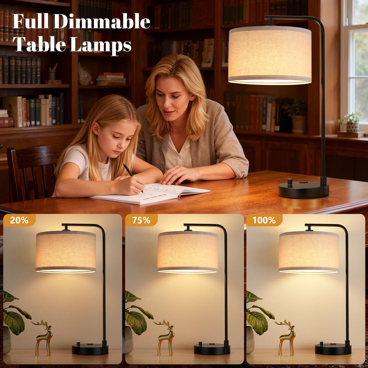 Innqoo Bedside Table Lamps for Bedroom Set of 2-Dimmable Nightstand Lamps with USB Port and Outlet,Modern Black Lamps with Linen Shade,Tall Desk Lamps for Home Office Bedroom Living Room End Table