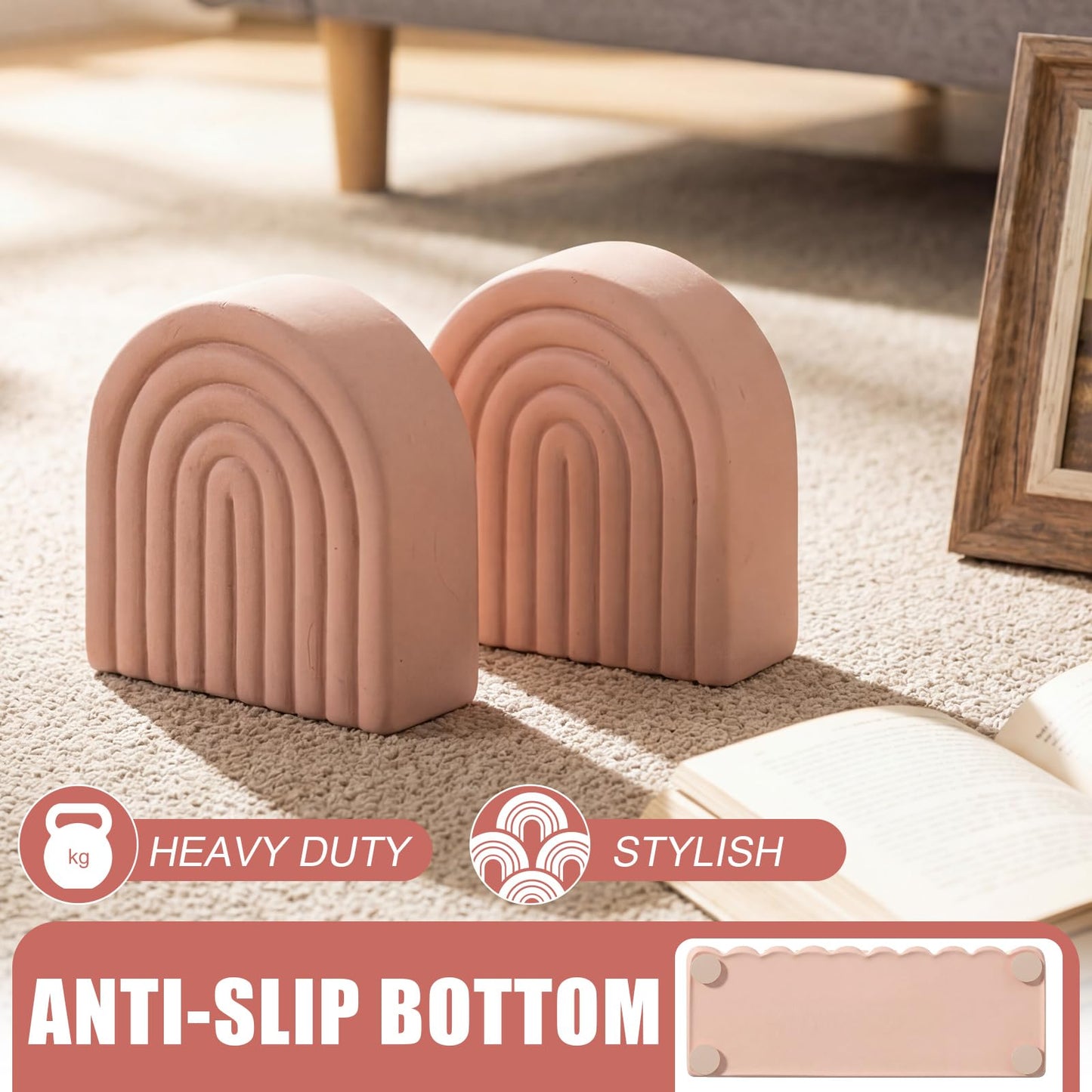 Fiwochic Soft Coral 2 Pcs Boho Arch Concrete Bookends for Shelves Decorative Book Holder Stopper with Anti Slip Pads for Heavy Books Home Office Aesthetic Library Decor (Rainbow)