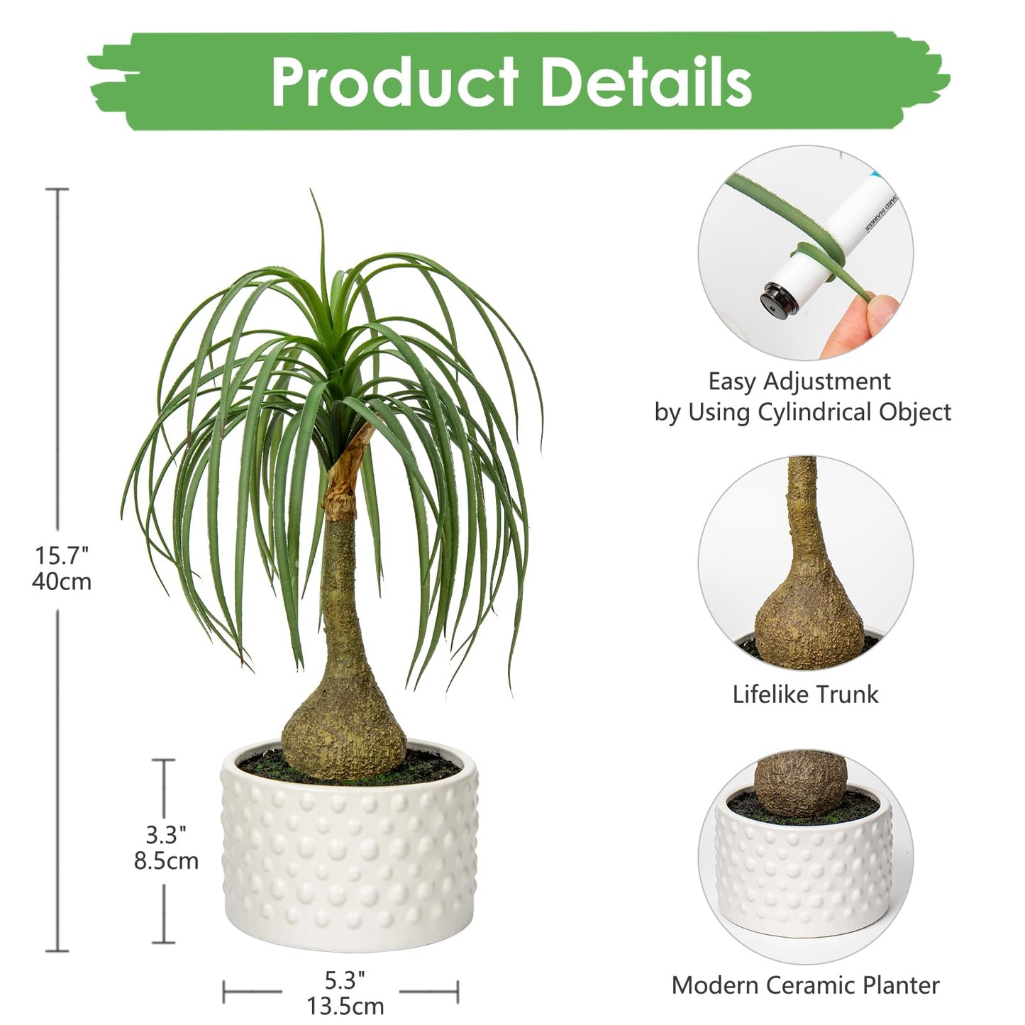 Hollyone Fake Plants Artificial Potted Plants Artificial Ponytail Palm Plant in Pots Faux Bonsai Plants for Office Table Desk Shelf Bathroom Bedroom Greenery Decoration Room Indoor Home Decor