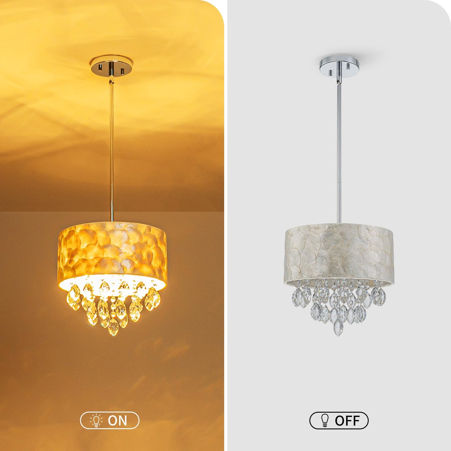 Pine Flicker 3-Light Drum Capiz Shell K9 Crystal Chandelier, Coastal Style Pendant Light Fixture for Dining Room, Living Room, D12 * H19~49 inch (Adjustable), Clear Crystal & Chrome Finish Frame