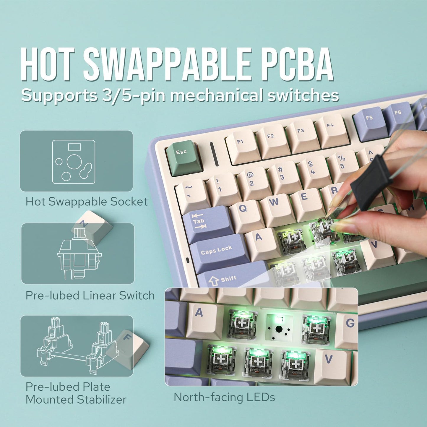 EPOMAKER x Aula F75 Gasket Mechanical Keyboard, 75% Wireless Hot Swappable Gaming Keyboard with Five-Layer Padding&Knob, Bluetooth/2.4GHz/USB-C, RGB (Light Blue, LEOBOG Reaper Switch)