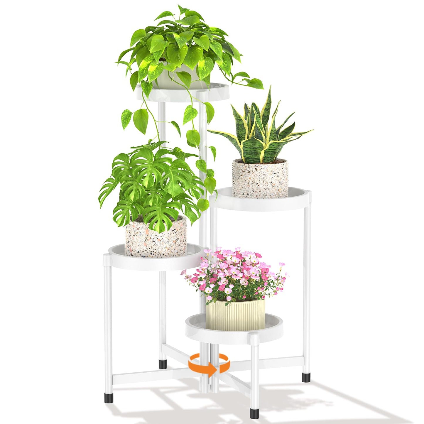 LASZOLA 4 Tiered Plant Stand Indoor Outdoor with Plastic Tray, Corner Folding Tall Flower Display Rack, Modern Plant Holder Shelf for Outdoor Patio Porch Garden Office Living Room, White