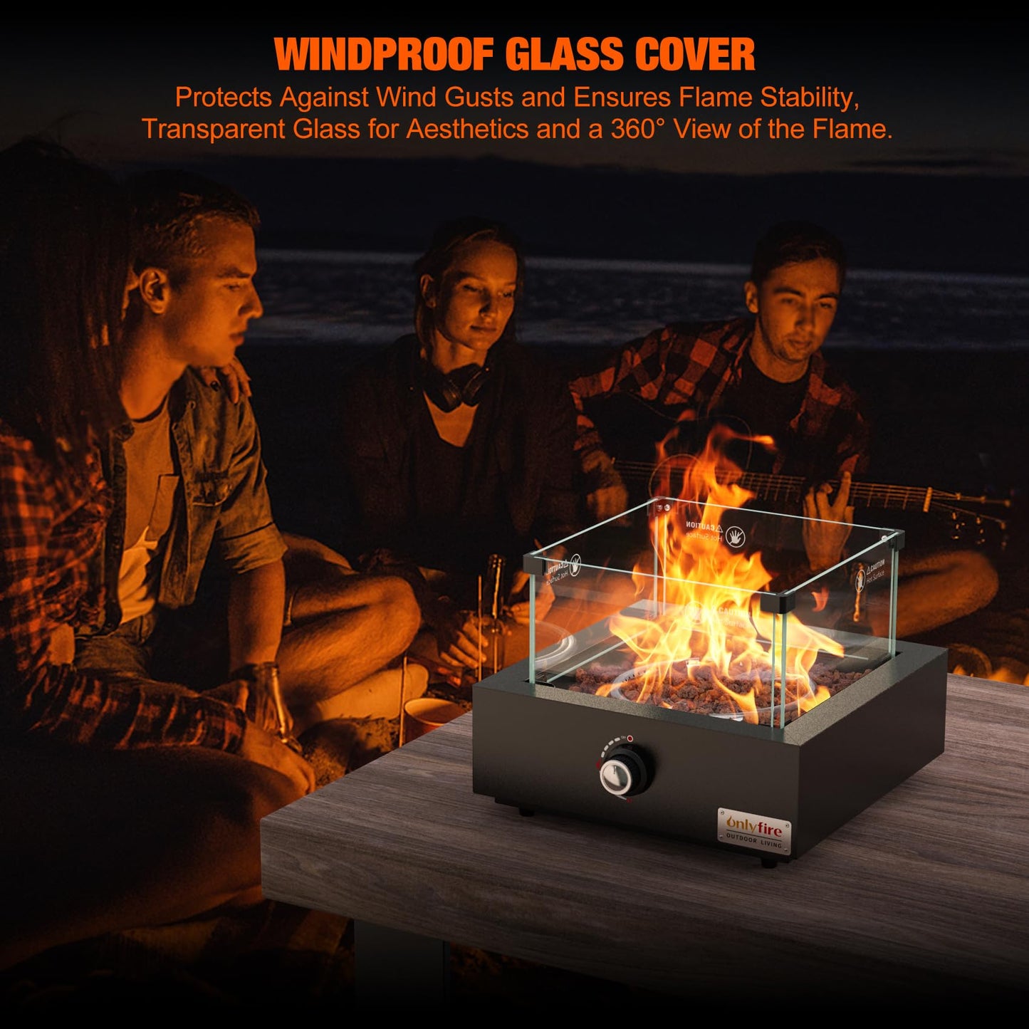 ONLYFIRE OUTDOOR LIVING 15.7" Portable Propane Gas Fire Pit Side-Mounted, Modern Tabletop Fireplace Smokeless Firepit with Glass Wind Guard for Patio Camping RV Tailgating, 23000BTU, Square FP040