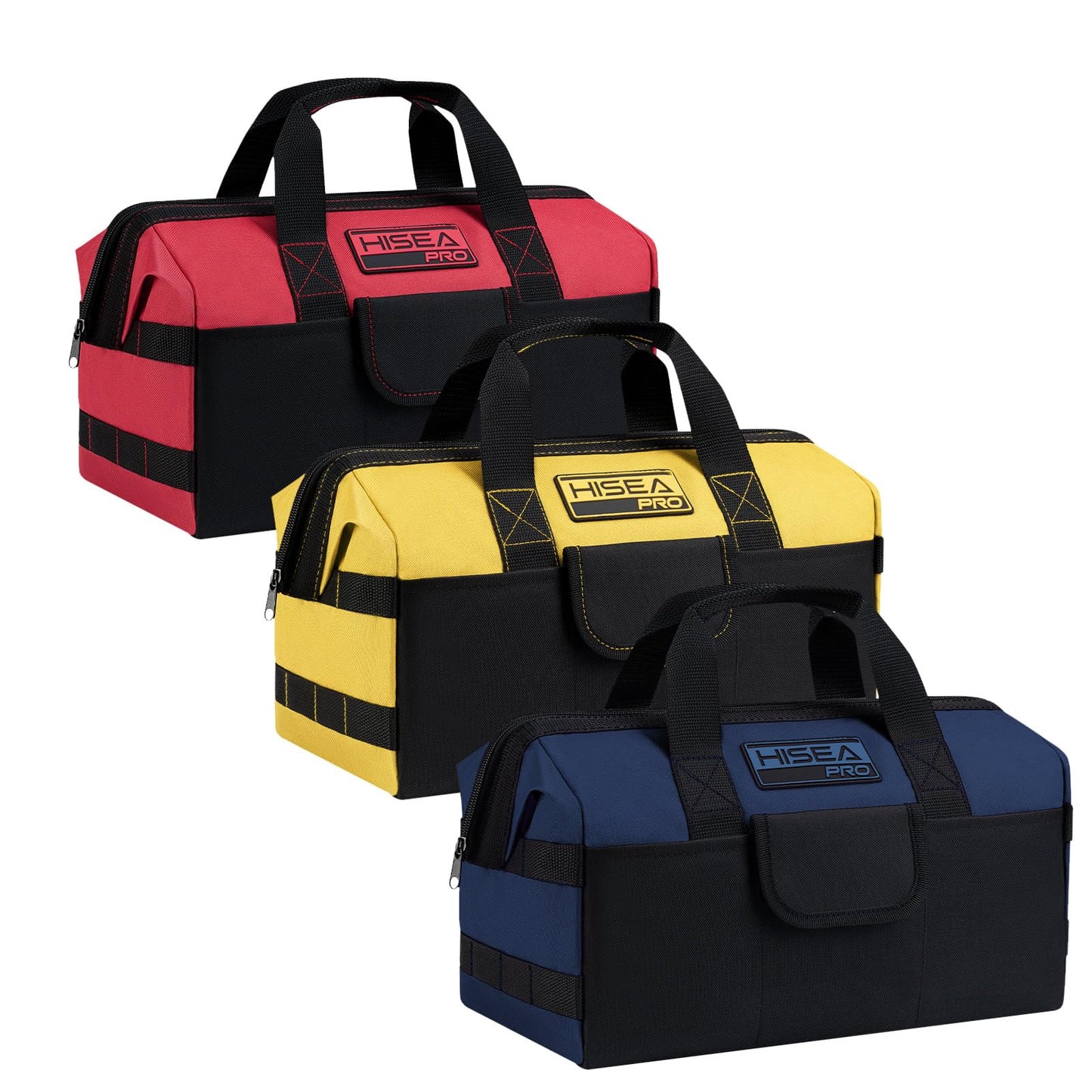 HISEA 3 Pack Heavy Duty Tool Bag with Storage Pockets, 16-Inch Tools Organizer Tote with Wide Base, Waterproof Durable Tool Bags with Zipper for Electrician, Tradesman (Red, Yellow, Blue)