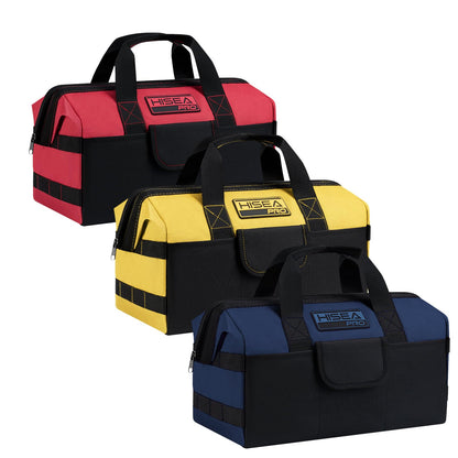 HISEA 3 Pack Heavy Duty Tool Bag with Storage Pockets, 16-Inch Tools Organizer Tote with Wide Base, Waterproof Durable Tool Bags with Zipper for Electrician, Tradesman (Red, Yellow, Blue)